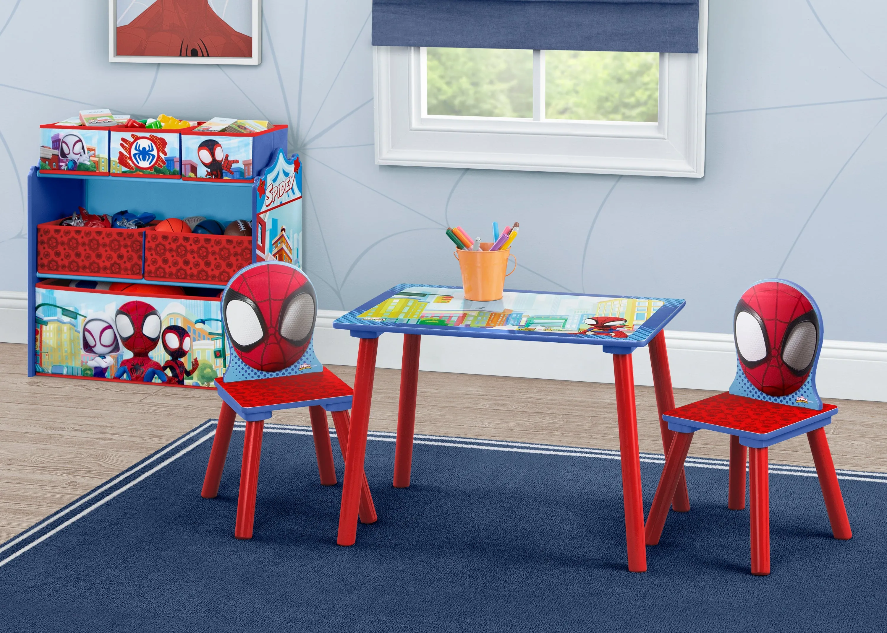 Spidey and His Amazing Friends 4-Piece Toddler Playroom Set – Includes Play Table and 6 Bin Toy Organizer