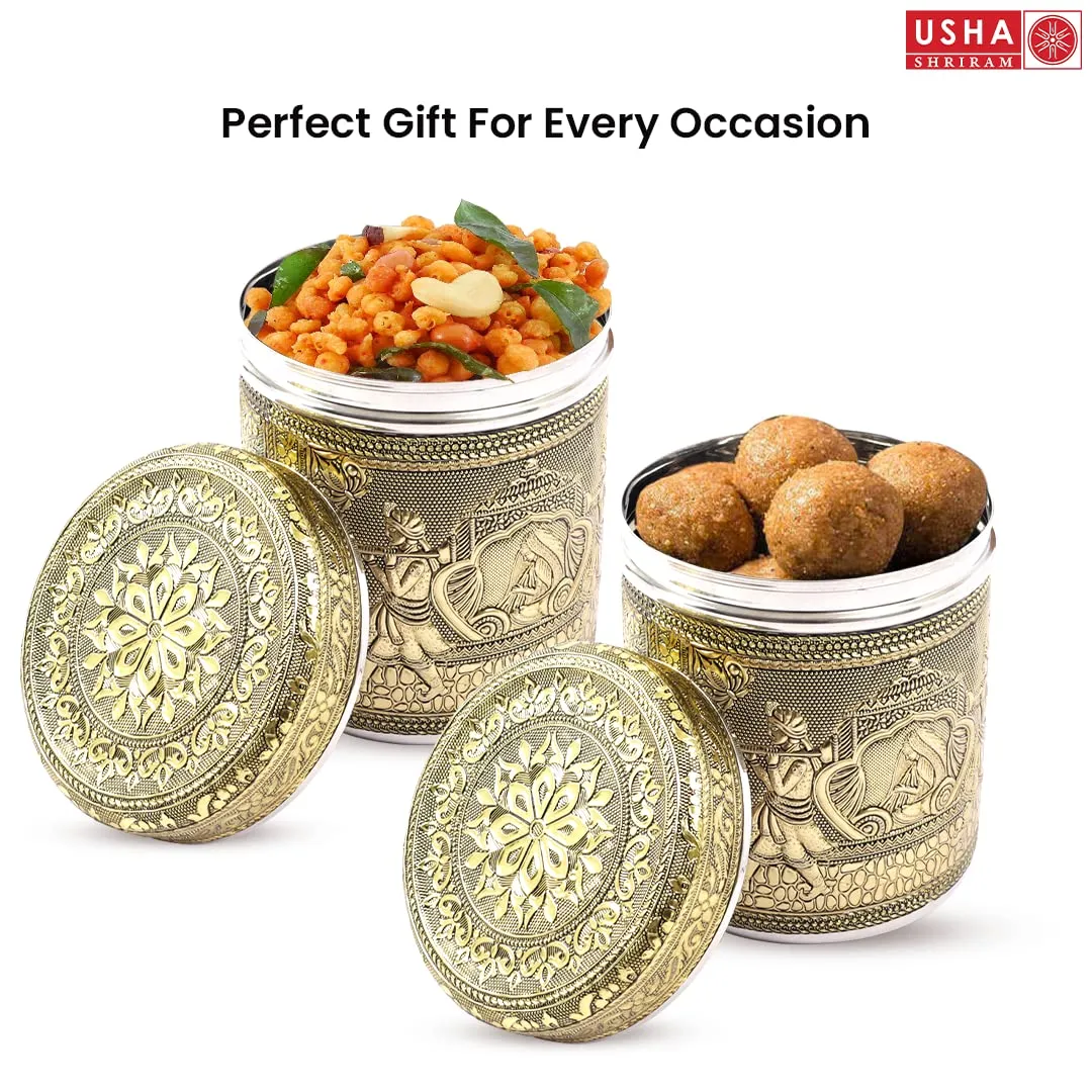 USHA SHRIRAM Stainless Steel Crafted Storage Box |Gift Set | Kitchen Storage Organiser | Dabba For Kitchen | Rust Proof | Multi Purpose Box (Ambrose - 1.2L)