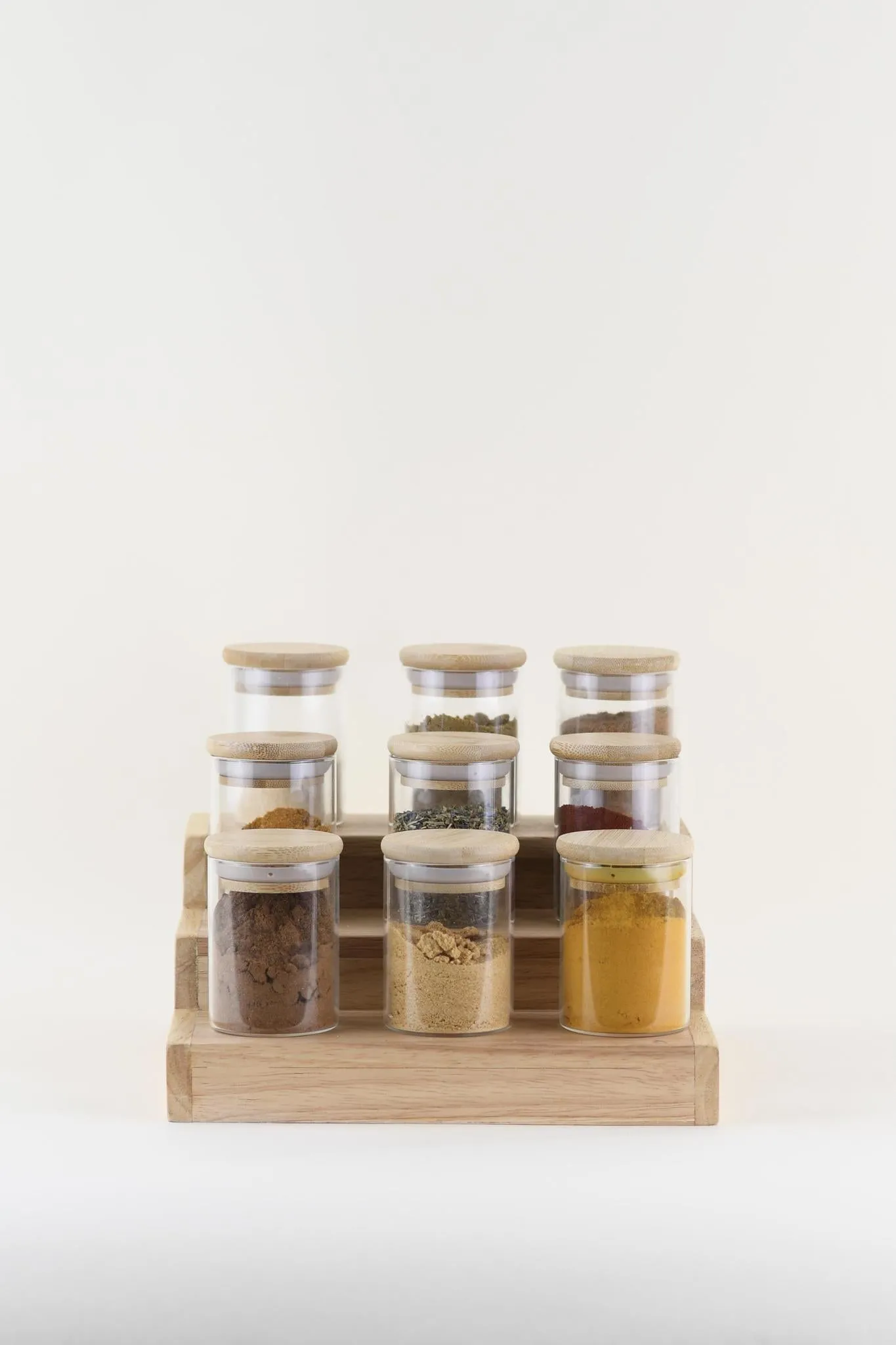 Wood Spice Rack & Glass Spice Jar Set